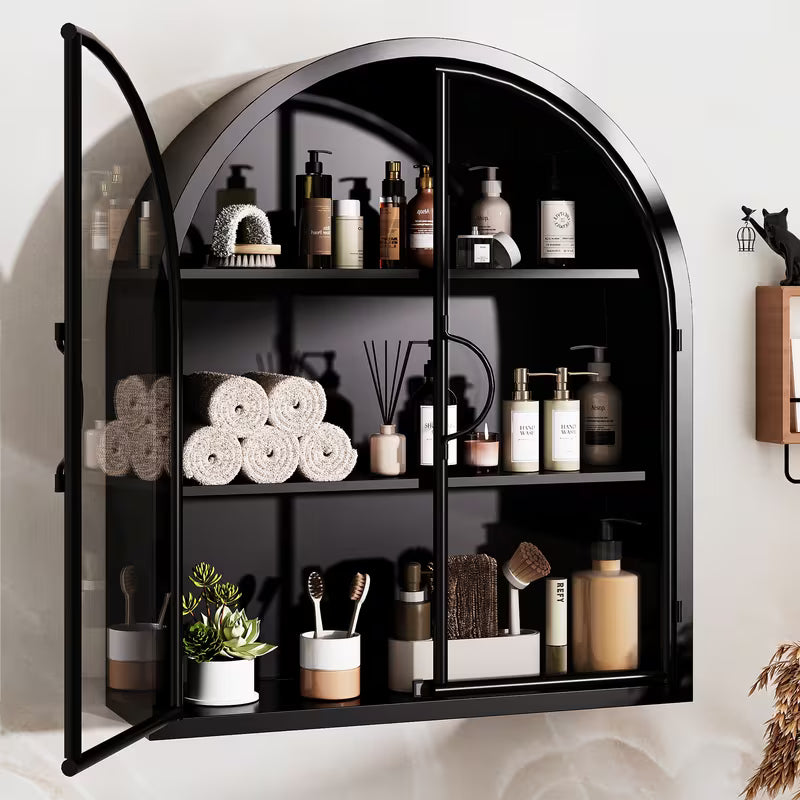 Arched Wall Cabinet Over Toilet | Full Metal Wall Mount Medicine Cabinet with Glass Doors, 3 Shelves, Dual Swing Door, No Assembly Required