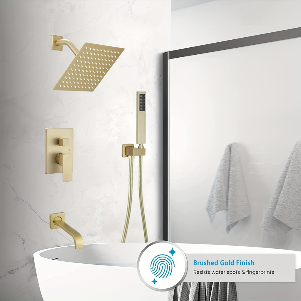 Brushed Golden Shower  Set with Tub Spout Bathroom Rainfall 12 Inch Shower Head System with Handheld Single Handle Shower Trim Kit with Rough-in Valve