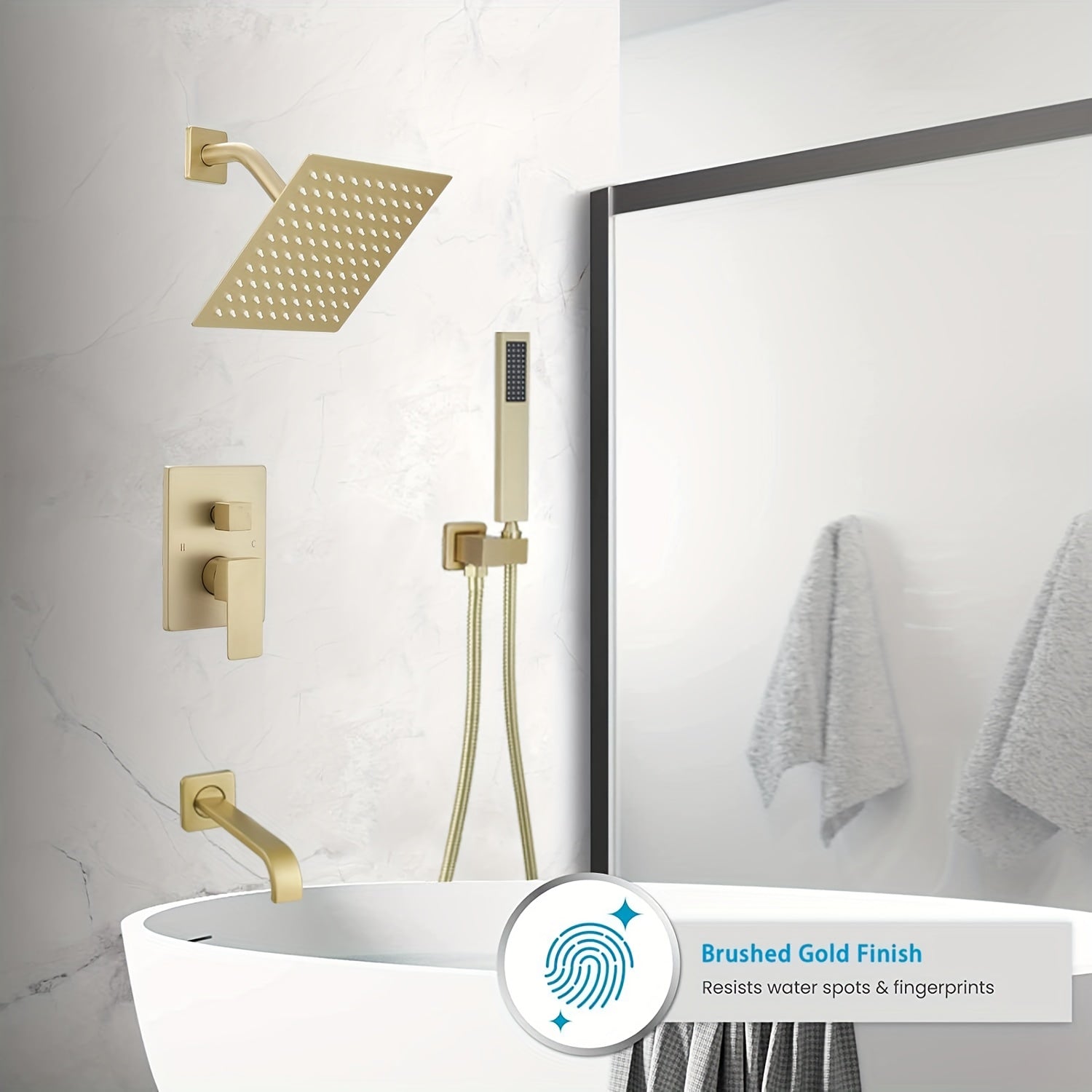 Brushed Golden Shower  Set with Tub Spout Bathroom Rainfall 12 Inch Shower Head System with Handheld Single Handle Shower Trim Kit with Rough-in Valve