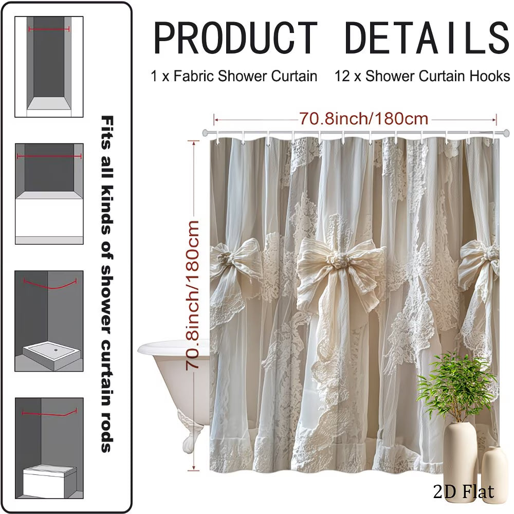 2D Flat, 1pc Vintage Lace Shower Curtain with 12 Hooks - Soft Cream Suitable for Rustic Farmhouse Bath Decor, Elegant Lace Curtain Panel, Machine Washable Cream Fabric for Bathtub, Hooks Included for Installation (No Title Revision)