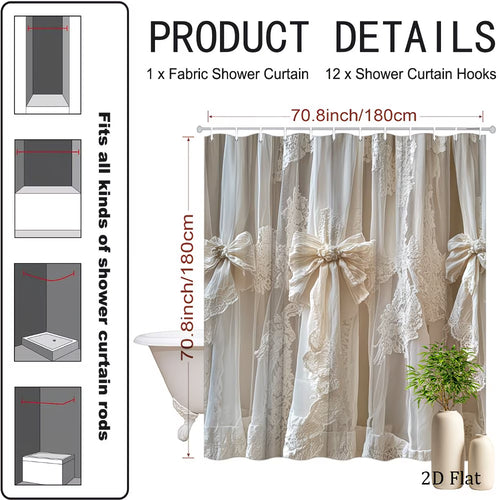 2D Flat, 1pc Vintage Lace Shower Curtain with 12 Hooks - Soft Cream Suitable for Rustic Farmhouse Bath Decor, Elegant Lace Curtain Panel, Machine Washable Cream Fabric for Bathtub, Hooks Included for Installation (No Title Revision)