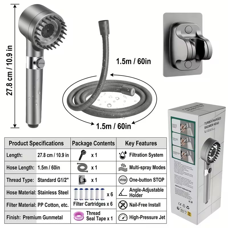 High Pressure Handheld Shower Head, 3 Spray Modes, Built-In Filter System, Turbo Boost Water Flow, Easy Install, Bathroom Upgrade Set