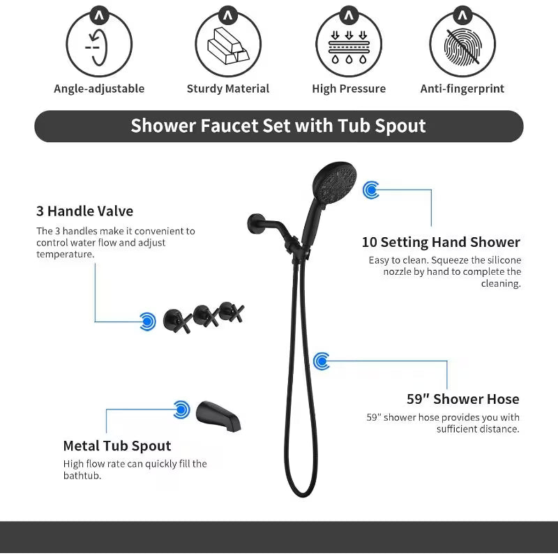 3-Handle Modern Tub and Shower System with Handheld Shower - Matte Black Bath Fixture, Wall-Mounted Shower Kit with Bathtub Spout, Handheld Spray & Trim (Compatible with Tubs)