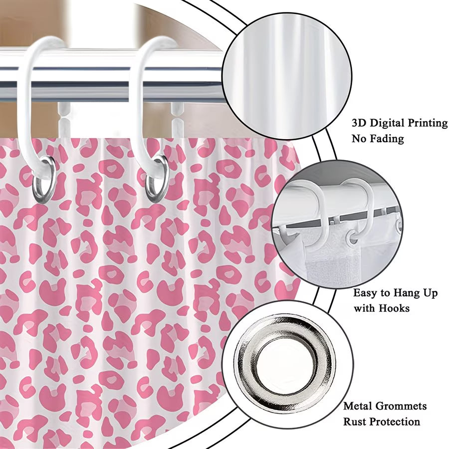 1pc Playful Pink Leopard Print Shower Curtain - Modern Whimsical Design, Durable Polyester Fabric, 70x70 Inch with 12 Hooks, Machine Washable Bathroom Decor, Perfect Housewarming Gift, Shower Curtain Sets for Bathrooms