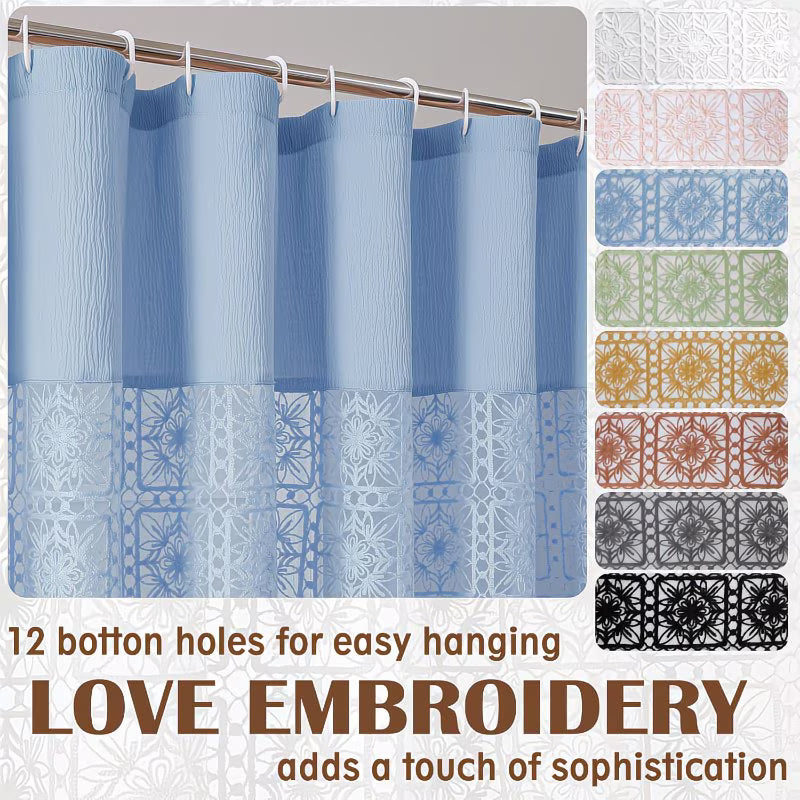 Extra Long Sky Blue Shower Curtain | 96 Inch Long Textured Crinkle Fabric with Embroidery Cutwork, Soft Heavy Weighted, Machine Washable, Polyester, Luxurious Bathroom Decor 72Wx96L Inches