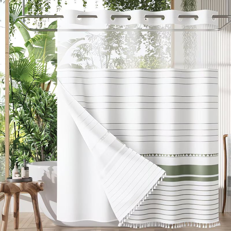 Boho Sage Green Shower Curtain and Liner Set with Sheer Privacy Window - Heavy-Duty High Quality Bathroom Curtain, No-Hook Installation, Tassel Trim, Machine Washable, 74x72 Inch (Fits Standard Bathtub) - Bohemian Farmhouse Decor