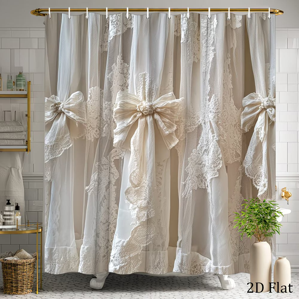 2D Flat, 1pc Vintage Lace Shower Curtain with 12 Hooks - Soft Cream Suitable for Rustic Farmhouse Bath Decor, Elegant Lace Curtain Panel, Machine Washable Cream Fabric for Bathtub, Hooks Included for Installation (No Title Revision)