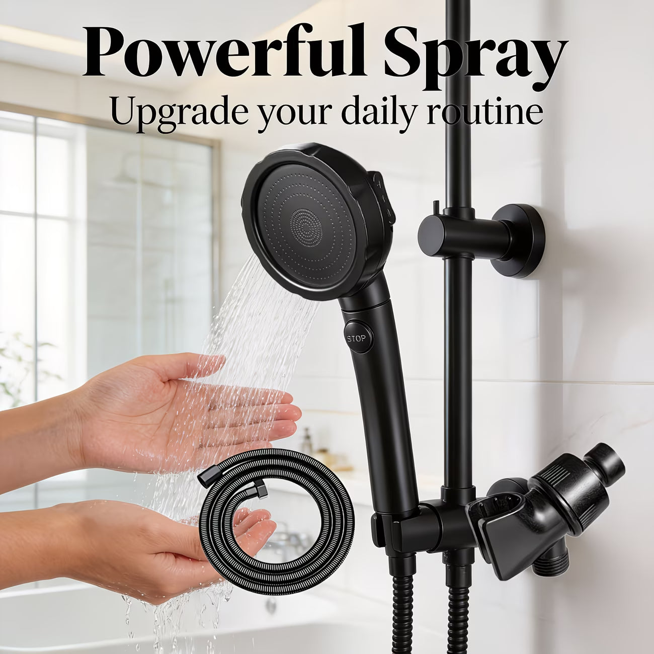 Set of Three High-Pressure Black Shower Heads Featuring a One-Touch Stop Function And a Strong Spray; Matte Black Handheld Shower with Hose, Perfect for Upgrading Your Bathroom. for Shower Use Solely For shower use solely
