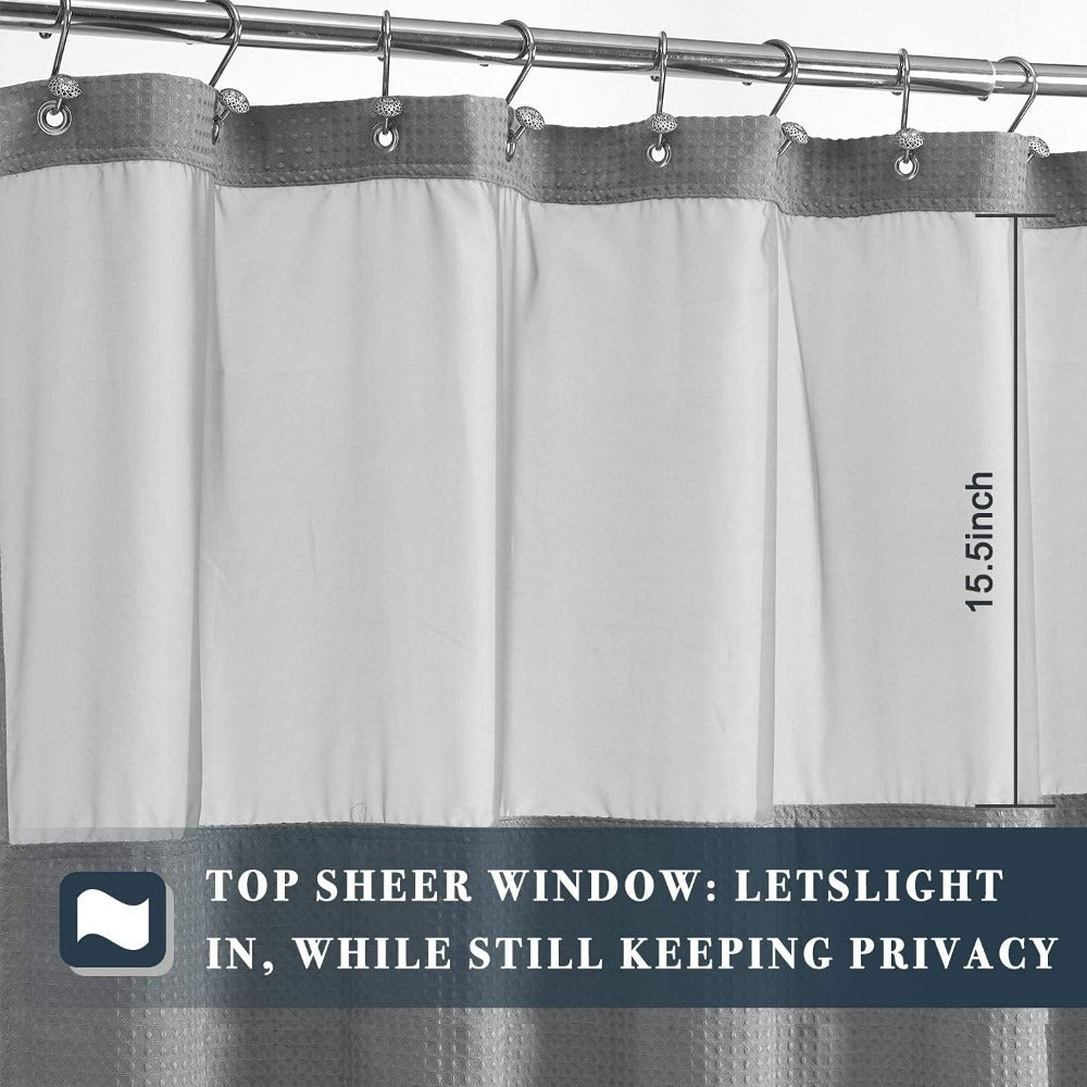 Hotel Style Grey Polyester Pongee Shower Curtain with Waffle Stitching & Mesh Top Window - Snap-On Fabric Lining, Machine Washable, Multiple Sizes for Bathroom Decor, Shower Curtain Sets for Bathrooms