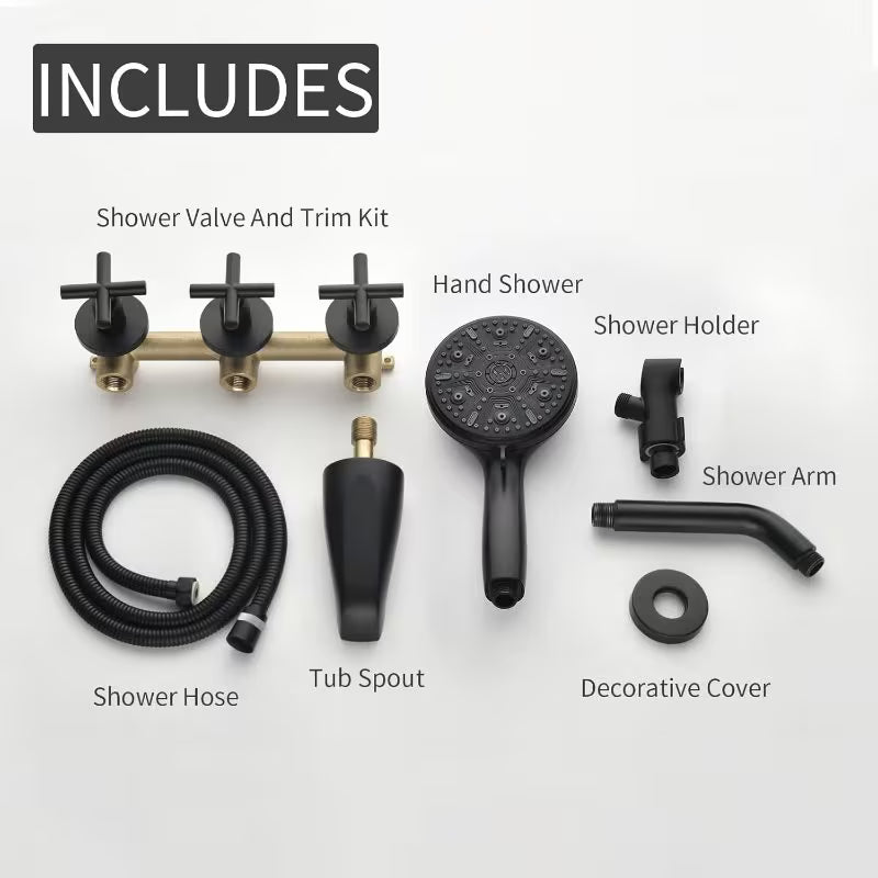 3-Handle Modern Tub and Shower System with Handheld Shower - Matte Black Bath Fixture, Wall-Mounted Shower Kit with Bathtub Spout, Handheld Spray & Trim (Compatible with Tubs)