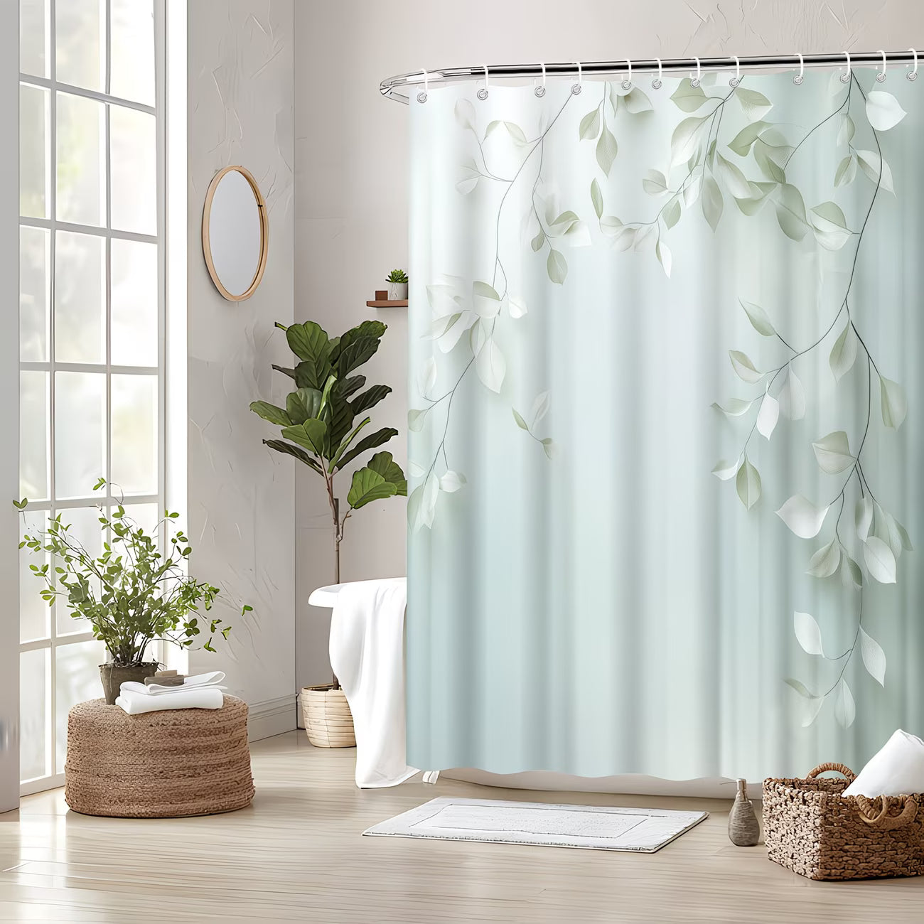 1pc a Stylish Polyester Shower Curtain Featuring a Design of Light Green Leaves And Dark Branches. It Includes No-Drill Super Wide Rings, Is Machine Washable
