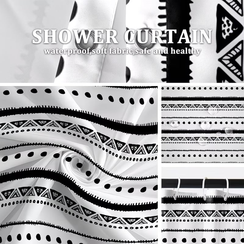 Boho Shower Curtain Black Striped Geometric Pattern | Tassel Bohemian Shower Curtain Modern Bathroom Home Decor with Hooks, Polyester, Machine Washable, Non- Fabric, 70x96 Inches