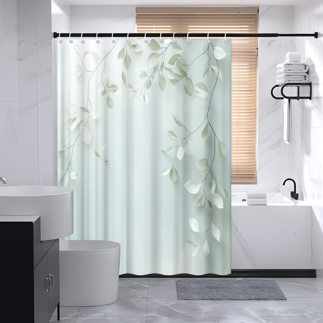 1pc a Stylish Polyester Shower Curtain Featuring a Design of Light Green Leaves And Dark Branches. It Includes No-Drill Super Wide Rings, Is Machine Washable
