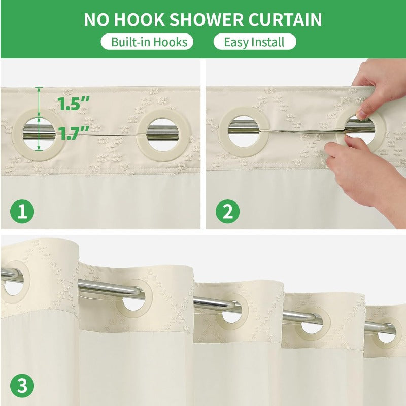 Cream Boho Tufted Chevron Shower Curtain & Fabric Liner Set - Textured Shabby Chic Bathroom Curtain with See-Through Top Window, No Hook\No Rod Installation