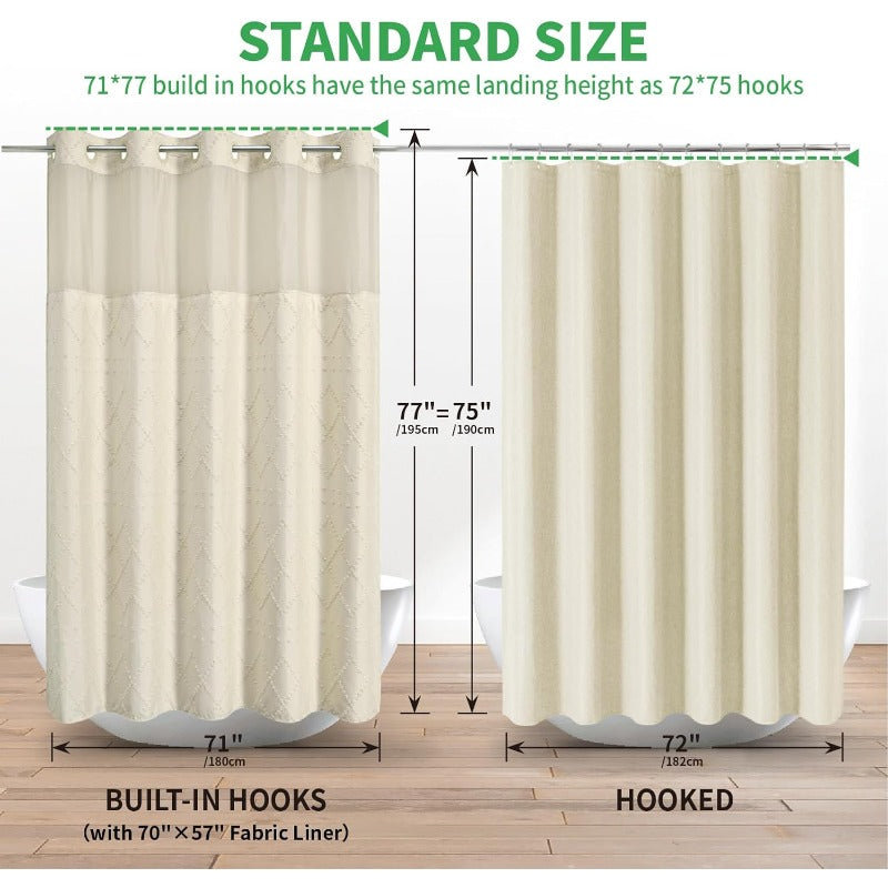 Cream Boho Tufted Chevron Shower Curtain & Fabric Liner Set - Textured Shabby Chic Bathroom Curtain with See-Through Top Window, No Hook\No Rod Installation