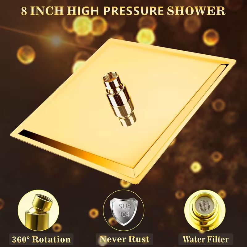 1pcs Golden Square Rain Shower Head Ceiling/Wall-Mounted - 8-Inch Bath System with Waterfall & Rainfall Modes, Ultra-Thin Suitable for Full Body Coverage, Luxury Shower Fixture for Modern Bathrooms,for Shower Use Only