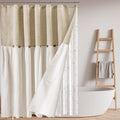 3-in-1 Farmhouse Boho Shower Curtain Set with Clear Weighted Liner & 12 Double Rings - Heavy-Duty -Like / Blend Fabric, Beige/Brown Rustic Bathroom Decor, 70"x70" Bathtub Curtain
