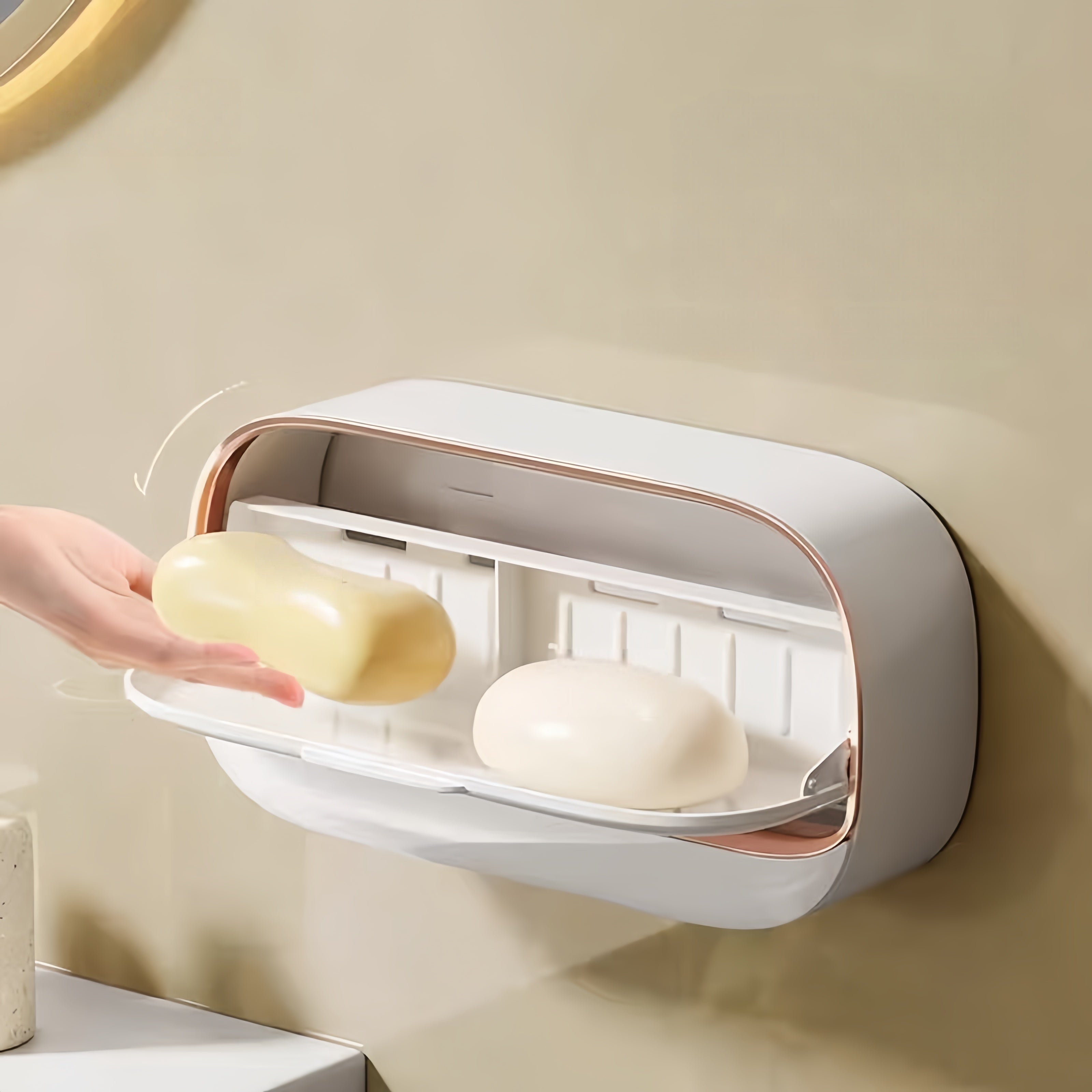 3-Color Light Luxury Wall-Mounted Double Compartment Leak-Proof Soap Dish with Lid and Drip Tray, Suitable for Shower or Kitchen, Keeps Soap Dry and Prevents Water Accumulation, Square No-Drill Bathroom Shelf, Elegant Countertop Wall Decor, 11