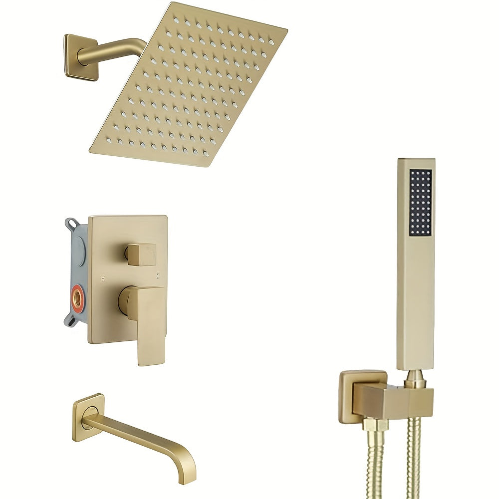 Brushed Golden Shower  Set with Tub Spout Bathroom Rainfall 12 Inch Shower Head System with Handheld Single Handle Shower Trim Kit with Rough-in Valve