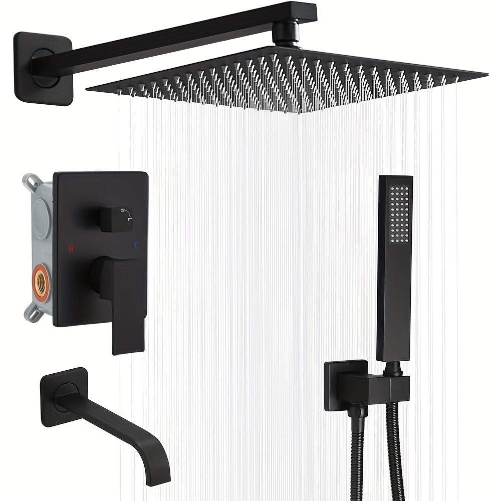 Brushed Golden Shower  Set with Tub Spout Bathroom Rainfall 12 Inch Shower Head System with Handheld Single Handle Shower Trim Kit with Rough-in Valve