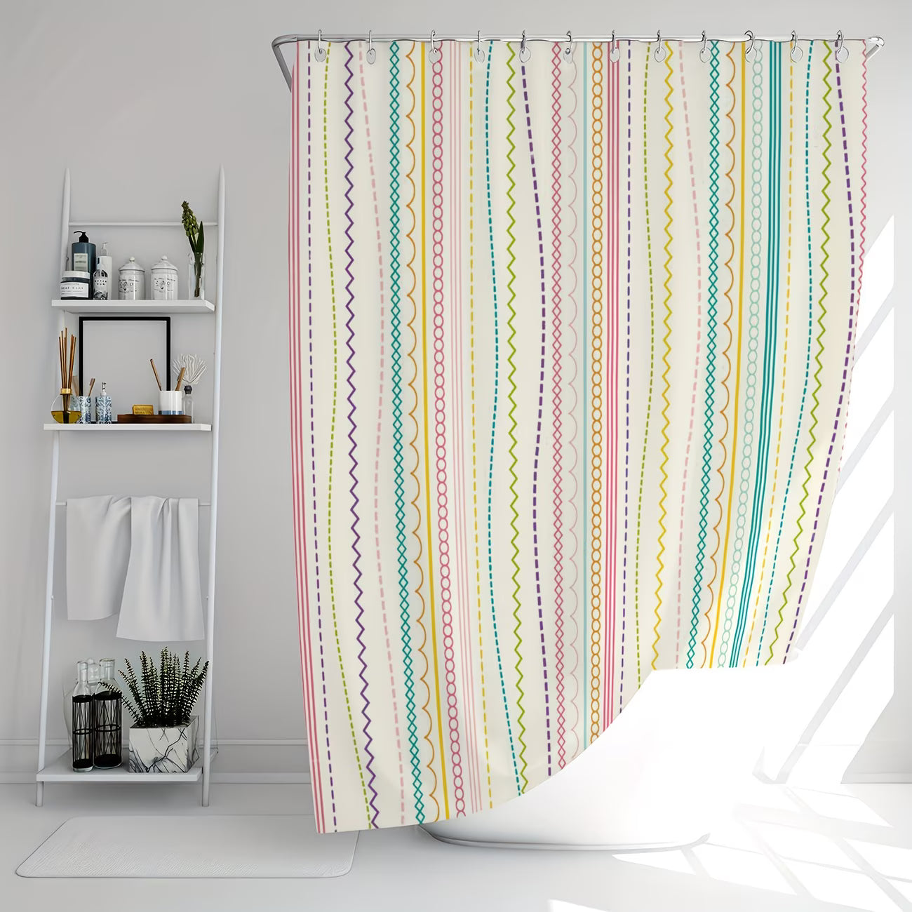 1pc Fashionable striped digital printed shower curtain for bathroom decor and home decoration includes free hooks machine washable made of fourseason., Shower Essentials, Modern Bathroom, Striped Design, Woven Fabric, Durable Material, Bathroom Liner