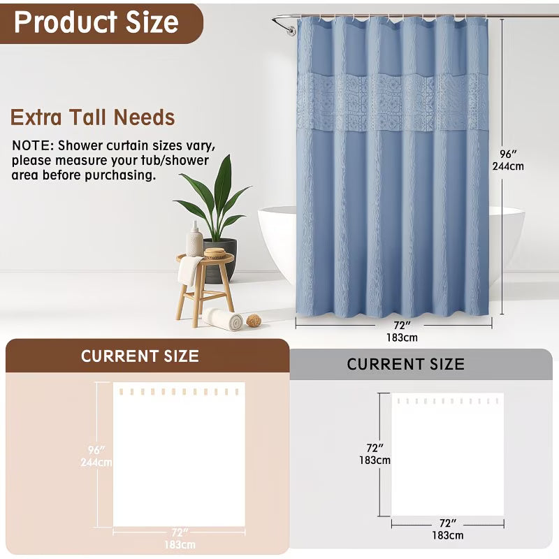 Extra Long Sky Blue Shower Curtain | 96 Inch Long Textured Crinkle Fabric with Embroidery Cutwork, Soft Heavy Weighted, Machine Washable, Polyester, Luxurious Bathroom Decor 72Wx96L Inches