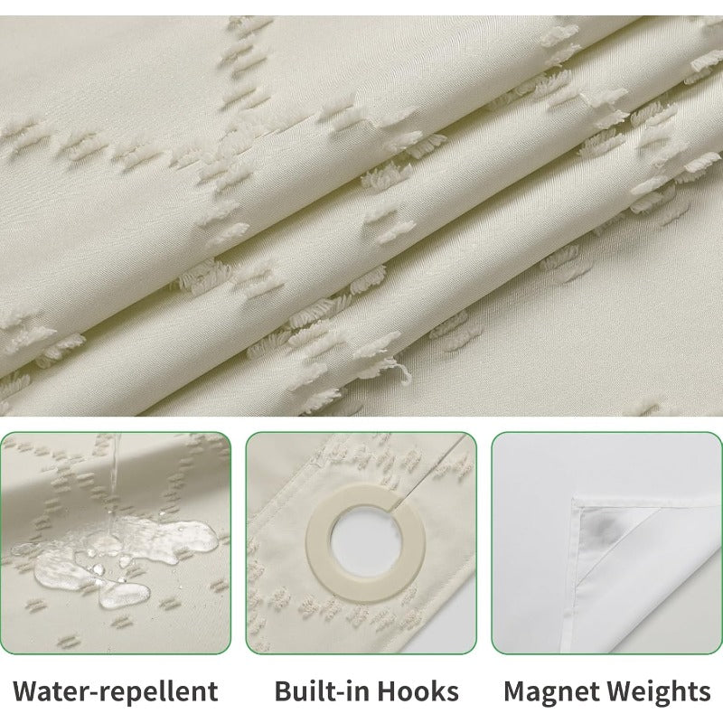 Cream Boho Tufted Chevron Shower Curtain & Fabric Liner Set - Textured Shabby Chic Bathroom Curtain with See-Through Top Window, No Hook\No Rod Installation