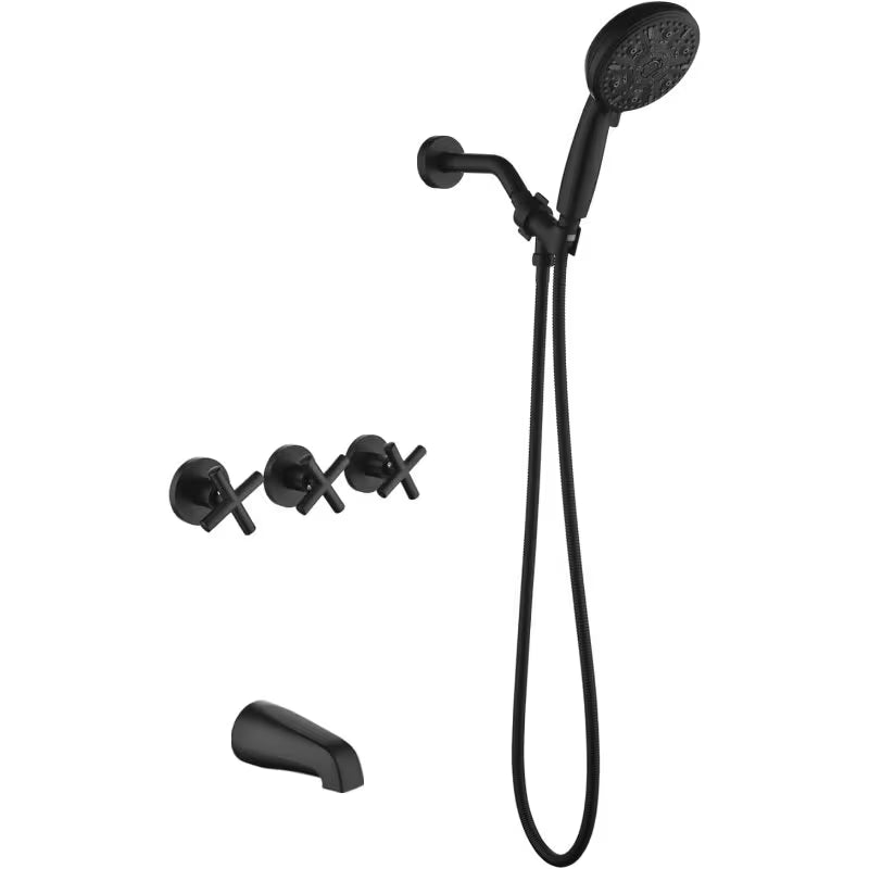 3-Handle Modern Tub and Shower System with Handheld Shower - Matte Black Bath Fixture, Wall-Mounted Shower Kit with Bathtub Spout, Handheld Spray & Trim (Compatible with Tubs)