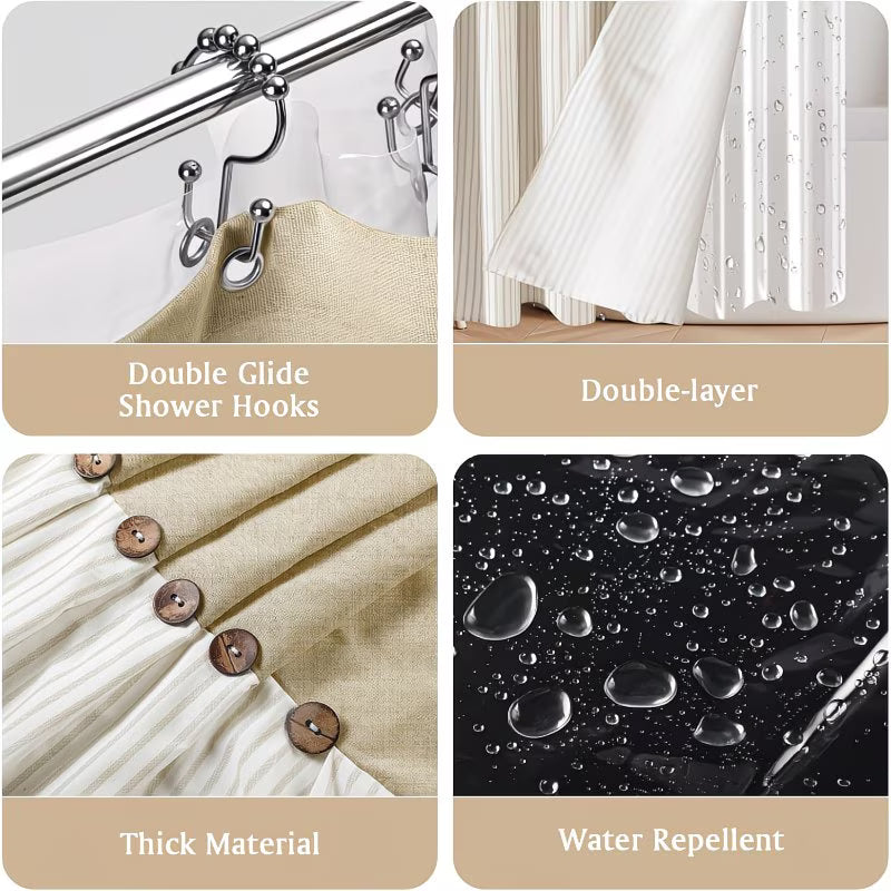 3-in-1 Farmhouse Boho Shower Curtain Set with Clear Weighted Liner & 12 Double Rings - Heavy-Duty -Like / Blend Fabric, Beige/Brown Rustic Bathroom Decor, 70"x70" Bathtub Curtain