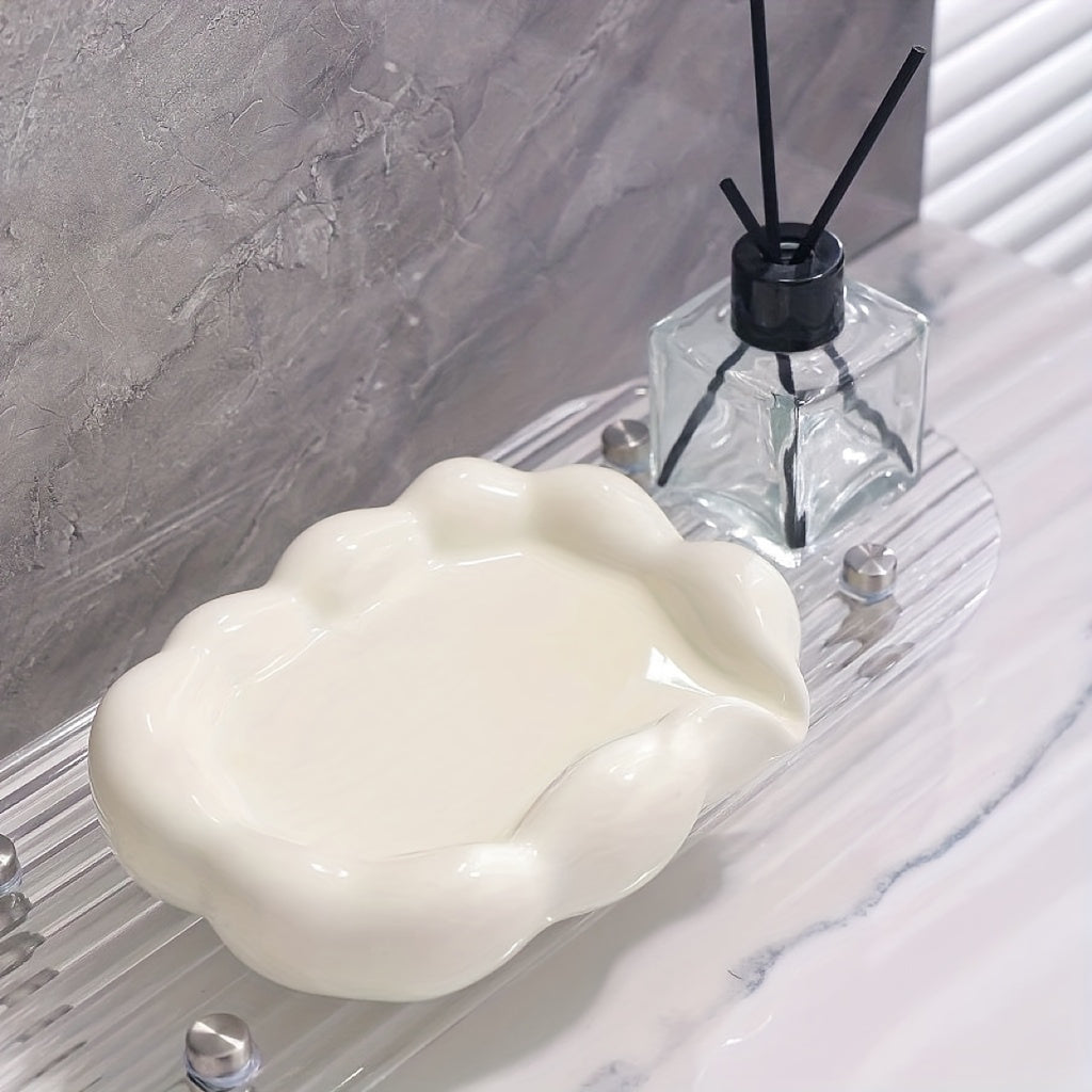 1pc Creative Ceramic Soap Dish, Cute Cloud Design Drainage Soap Dish, Automatic Drainage Soap Rack, Bathroom Soap Rack, Multifunctional Jewelry Storage Rack, Bathroom Accessories