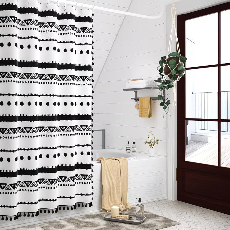 Boho Shower Curtain Black Striped Geometric Pattern | Tassel Bohemian Shower Curtain Modern Bathroom Home Decor with Hooks, Polyester, Machine Washable, Non- Fabric, 70x96 Inches