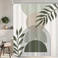 Sage Green Boho Shower Curtain 60Wx72H Abstract Modern Mid Century Bathroom Decor Aesthetic Leaves Geometric Arch Bohemian Minimalist Neutral Simple Fabric Polyester 12pcs Hook