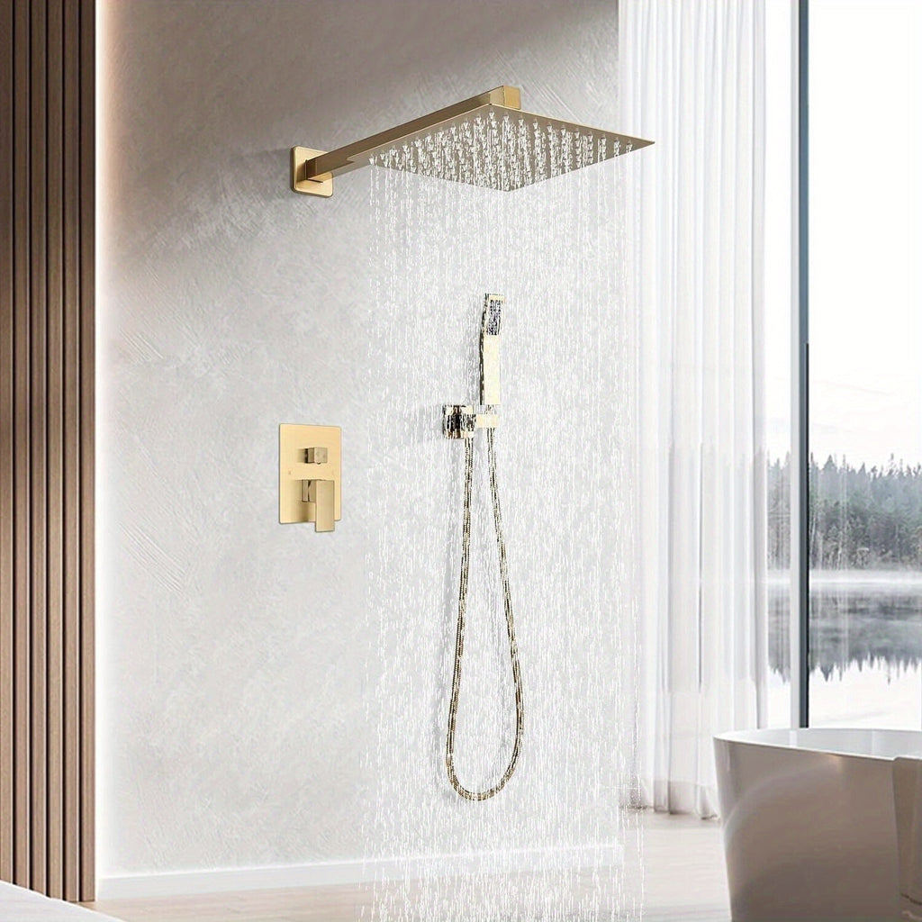 Luxury Bathroom Shower Set Featuring a Brushed Golden Wall-Mounted High-Pressure Rain Shower with a Handheld Sprayer, Complete with Valve Body And Finishing Components