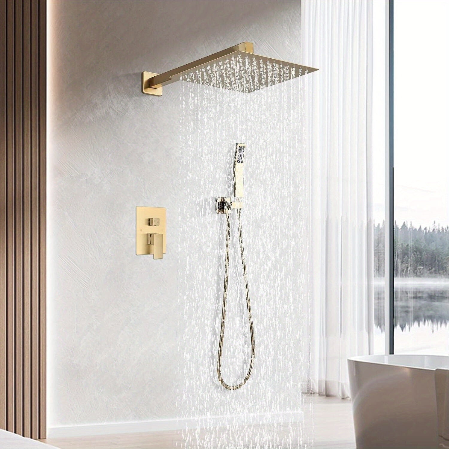 Luxury Bathroom Shower Set Featuring a Brushed Golden Wall-Mounted High-Pressure Rain Shower with a Handheld Sprayer, Complete with Valve Body And Finishing Components