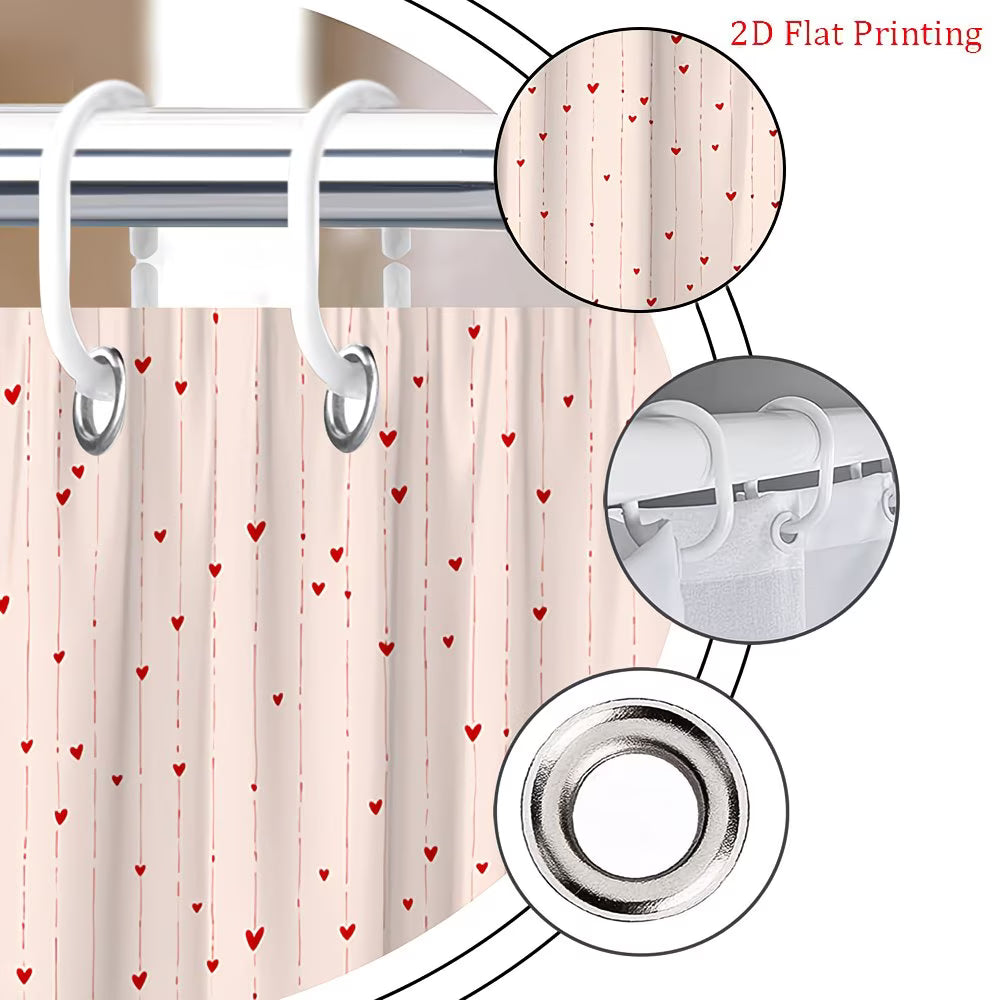 2D Flat, 2D Flat, 1pc Valentine'S Day Shower Curtain Featuring Adorable Red Hearts on a Polyester Fabric Background, Complete with 12 Hooks, Measuring 70.8X70.8 Inches, Perfect for Cheerful Bathroom Decor