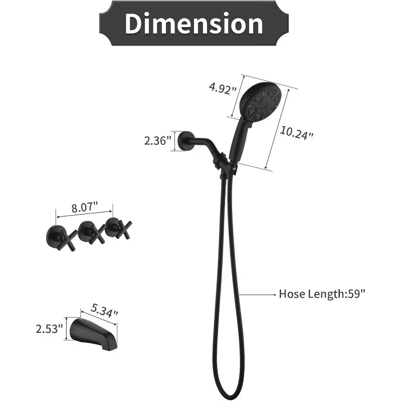 3-Handle Modern Tub and Shower System with Handheld Shower - Matte Black Bath Fixture, Wall-Mounted Shower Kit with Bathtub Spout, Handheld Spray & Trim (Compatible with Tubs)